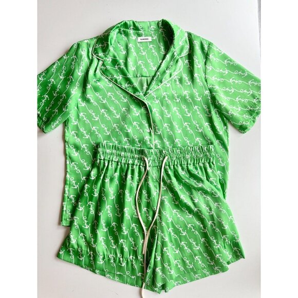 NWOT SANDRO Voillier Green Anchor Print Satin Pajama Playsuit Set, Size 3/42 - Picture 6 of 16
